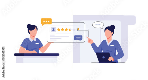 Customer service representative managing online feedback and five-star ratings while providing support through a laptop interface.