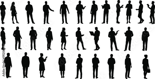 Business people silhouettes standing communication concept, men women office poses isolated vector illustration