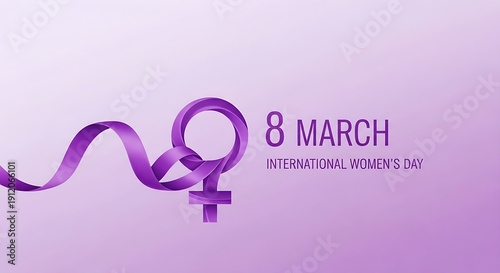 International Women’s Day greeting card with purple ribbon forming number eight and female gender symbol on soft pastel gradient background