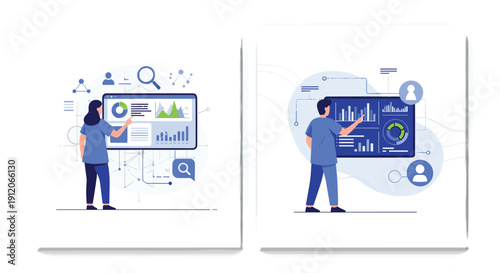 Diptych showing a man and a woman analyzing data visualizations and business intelligence dashboards on large interactive screens.
