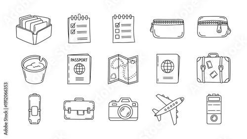 Travel Essentials Illustrated: A collection of meticulously drawn travel icons, showcasing the essential items needed for any journey, evoking a sense of wanderlust and adventure.