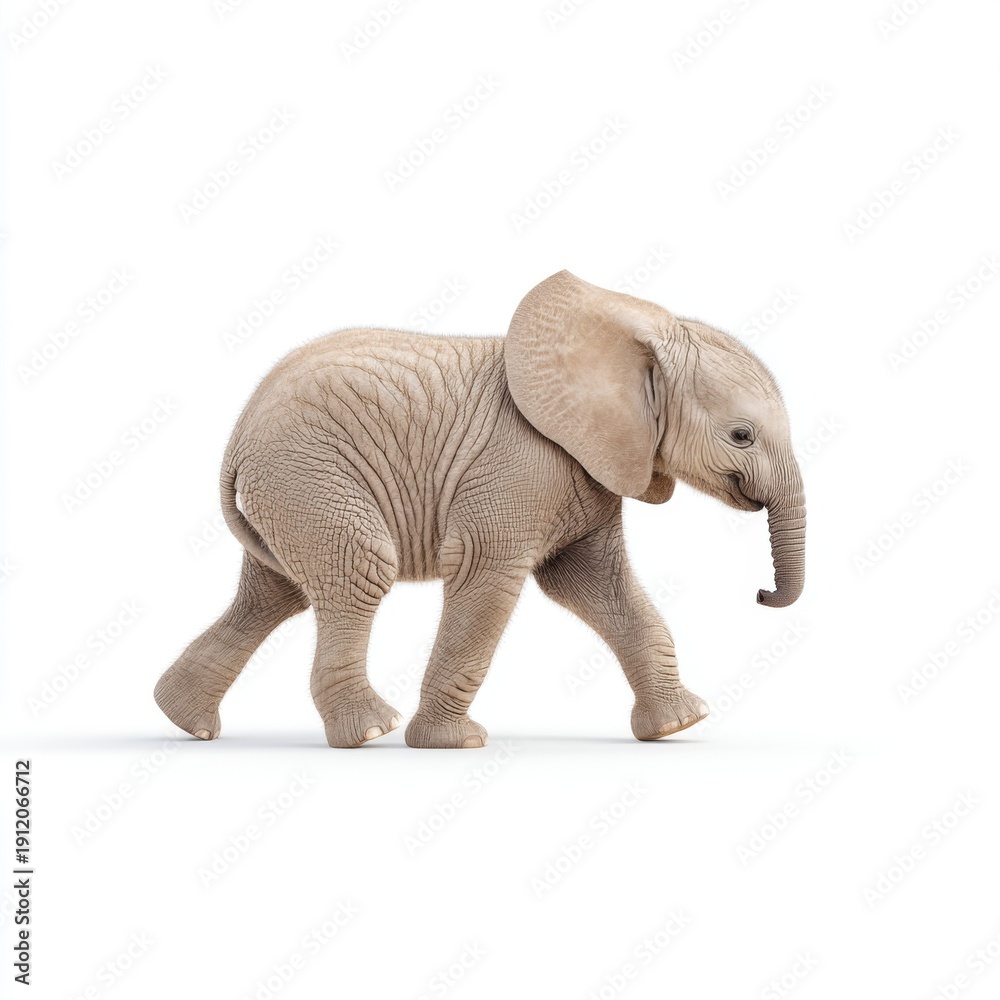 Fototapeta premium Young Elephant Walking Gracefully on a White Background with Detailed Textures and Realistic Features