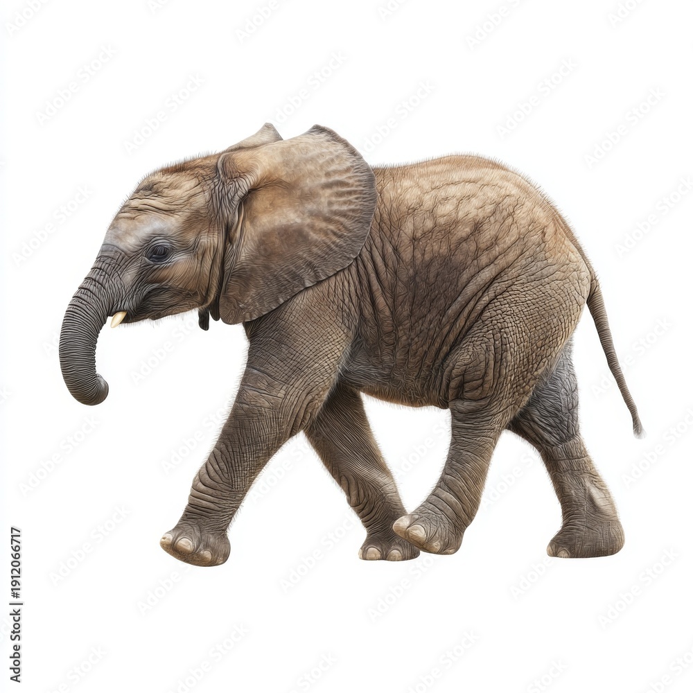 Obraz premium Playful Young Elephant Walking Gracefully Through a Light Background in a Cute and Cheerful Manner