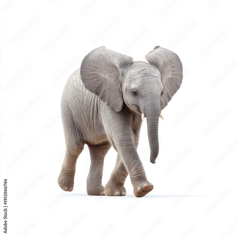 Fototapeta premium Playful Baby Elephant Walking with Curiosity and Joy in a Natural Setting