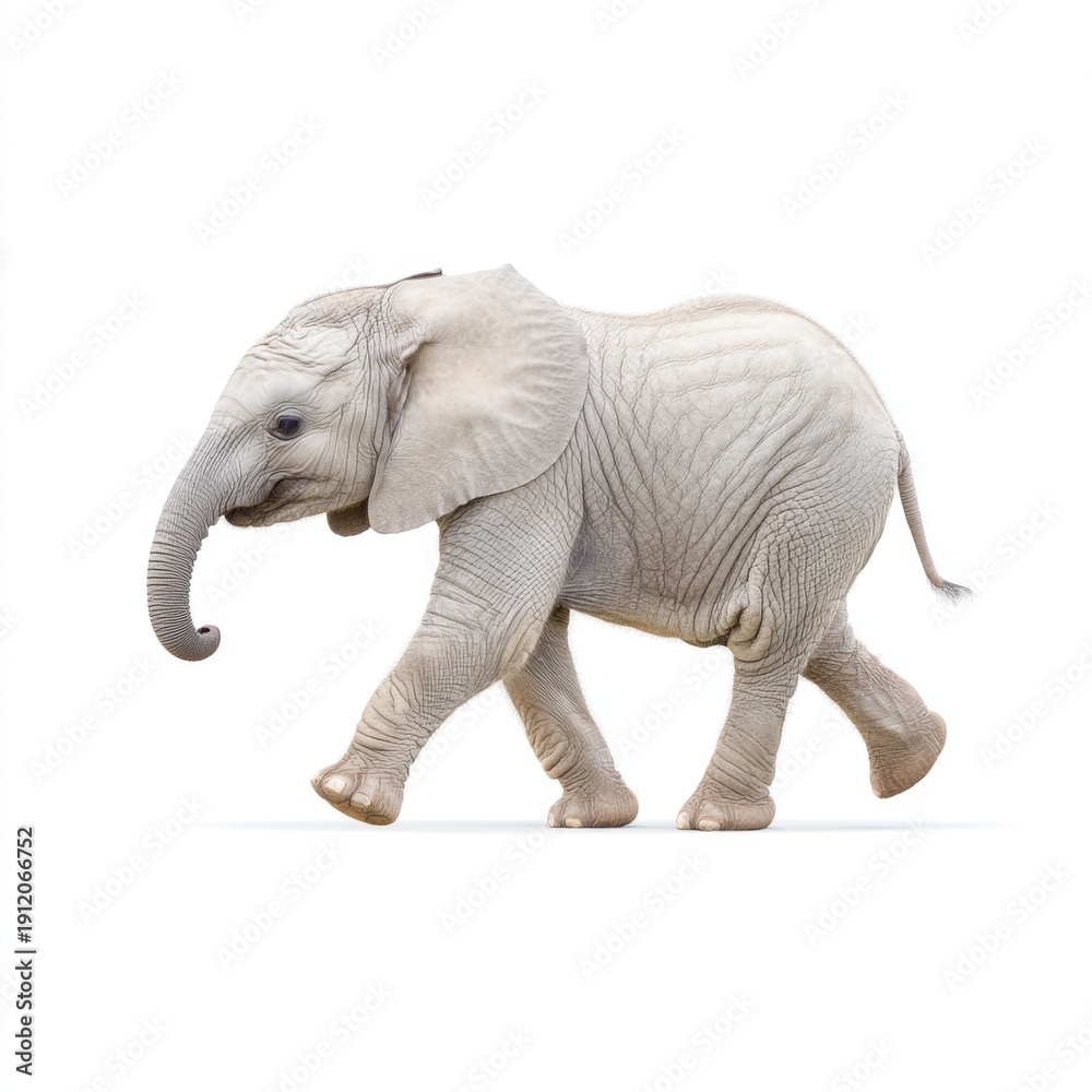 Fototapeta premium Sweet Baby Elephant Walking Gracefully in a White Background with Soft Shadows and Natural Curves