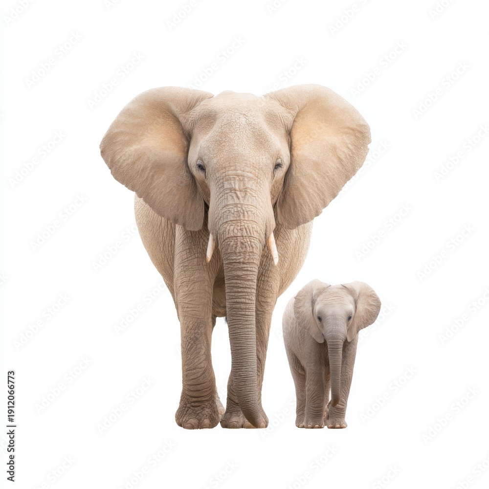 Fototapeta premium Mother Elephant and Baby Elephant Standing Together on White Background in Studio Setting
