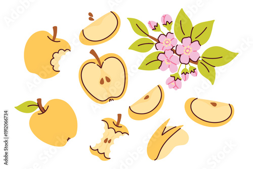 Bright yellow apple collection featuring whole fruits, bitten sections, and slices. Accompanied by a blooming branch with pink apple flowers, ideal for summer harvest or gardening concepts.