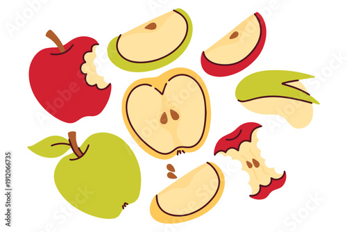 Colorful assortment of apples in red, green, and yellow hues. The set includes whole fruits, bitten pieces, and slices, showcasing different varieties and textures for food design.