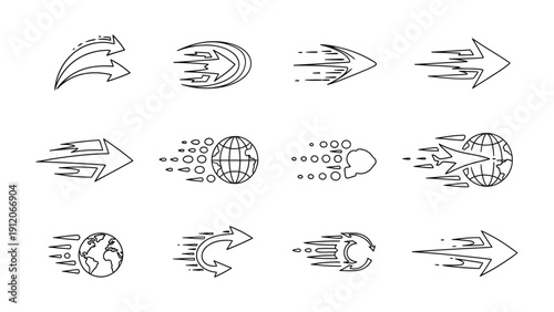 Global Arrows' Dynamics: A dynamic collection of black arrow graphics representing movement, direction, speed, and worldwide connectivity for global services. 