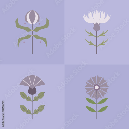 Four stylized purple flowers on lavender background - flat design botanical set