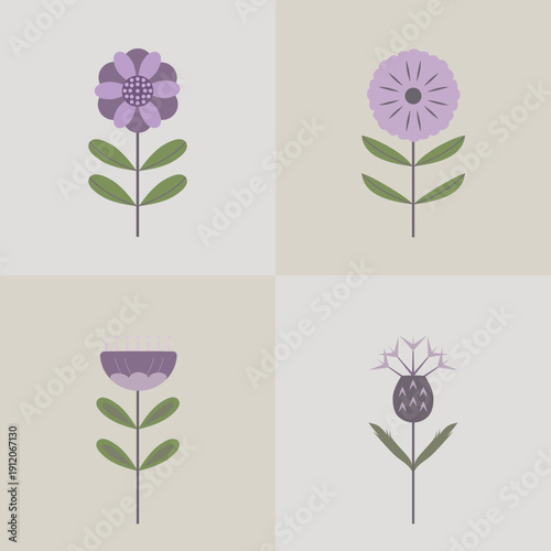 Four stylized purple and violet flowers on beige background - flat design botanical set
