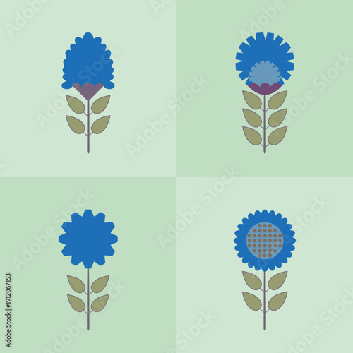 Four stylized blue flowers on mint green background - flat design botanical set