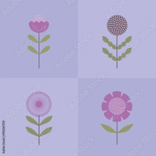 Four stylized pink and magenta flowers on lavender background - flat design botanical set