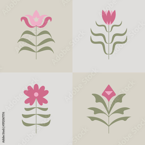 Four stylized pink spring flowers on beige background - flat design botanical set