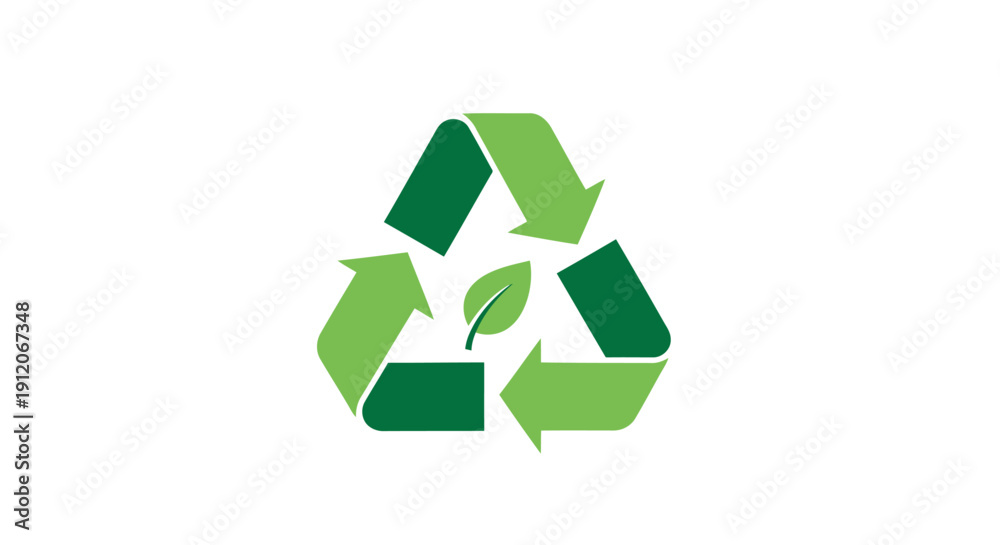 Obraz premium Green Recycling Arrows Triangle with Leaf Icon, Minimalist Eco Vector Symbol for Sustainability and Nature