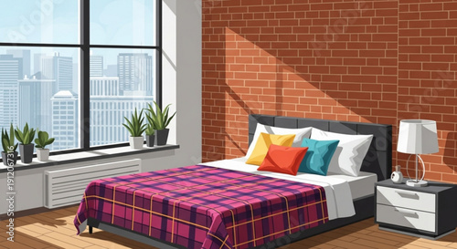 Cozy urban bedroom with red brick wall city view and colorful pillows on bed