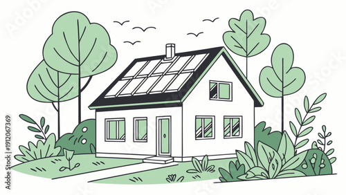 An illustration of an eco-friendly house powered by renewable solar energy