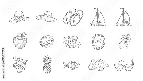 Summer Icon Collection: A meticulously curated collection of summer icons, rendered in crisp black and white, encapsulating the essence of warmth, adventure, and relaxation.