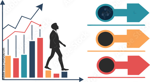 A silhouette of an ambitious professional walking up a rising bar graph representing success