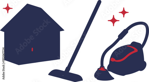 Silhouettes of cleaning tools and a house represent professional home sanitation services