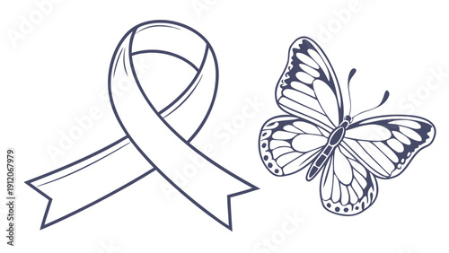 Outline drawing of an awareness ribbon next to a beautiful butterfly symbolizing hope and support