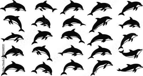 Collection of jumping dolphin silhouettes, aquatic animal icons set with marine mammals playing and swimming, ocean wildlife vector symbols isolated.