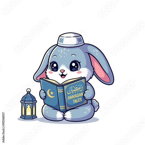 A cute cartoon rabbit in a taqiyah hat reads a Ramadan Mubarak book next to a lantern on a white background with pastel colors.