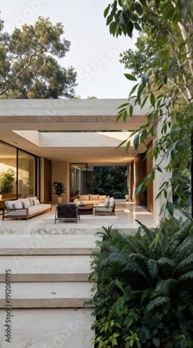 Minimalist luxury house exterior blending seamlessly with lush subtropical nature and travertine stone steps
