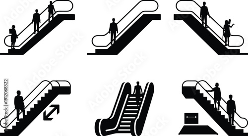 Escalator safety and usage directions illustration, people standing walking up and down, public transportation concept icon set black silhouette design
