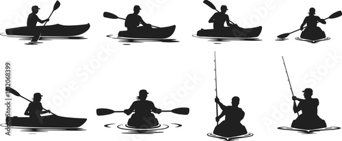 Kayak and fishing silhouette set with people paddling and fishing from boats, outdoor water sports activities, isolated vector icons for summer adventure design.