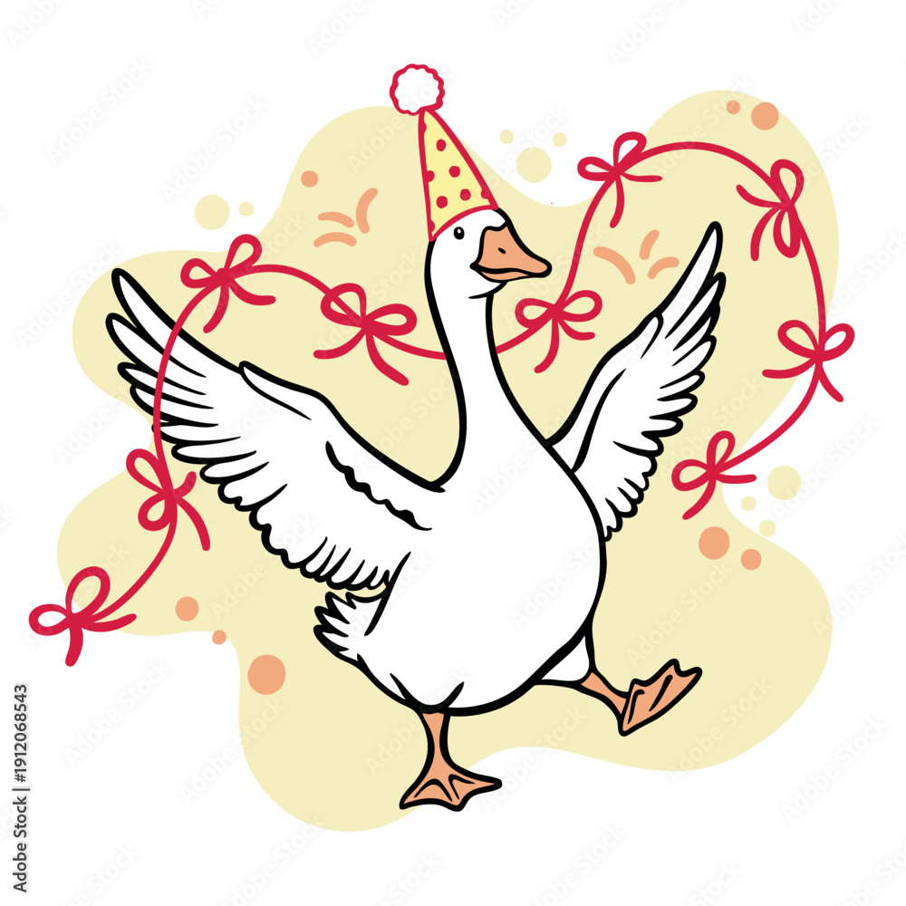 Obraz premium Festive goose wearing party hat with ribbon heart. Cute hand drawn illustration isolated on transparent background, perfect for Valentine’s Day, birthday cards, celebrations and fun prints