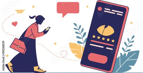 A woman walks and engages with social media on her smartphone while viewing customer reviews