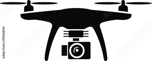 A simple black icon silhouette of a quadcopter drone with a camera attached isolated on a transparent background