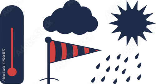 A collection of essential meteorological symbols depicting temperature clouds rain wind and sunshine