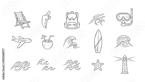 Travel Icons Collection: An array of meticulously crafted line art icons that perfectly encapsulate the essence of travel, inviting viewers to embark on a journey of discovery and adventure. 