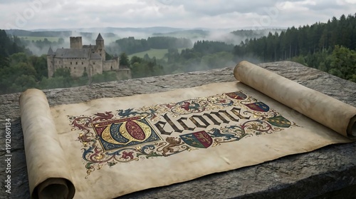 Ornate illuminated medieval welcome scroll rests on stone parapet overlooking distant castle