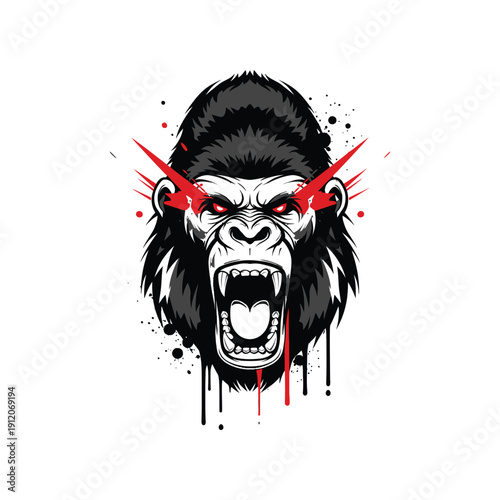Screaming gorilla head with red eyes and lightning bolt elements for esports mascot