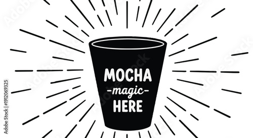 Black coffee cup with mocha magic text on with lines