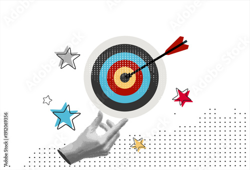 Halftone hands holding target with an arrow in the center. Modern collage. Successful business concept. Reach the goal. Darts in hand. Trendy newspaper cut out paper elements	