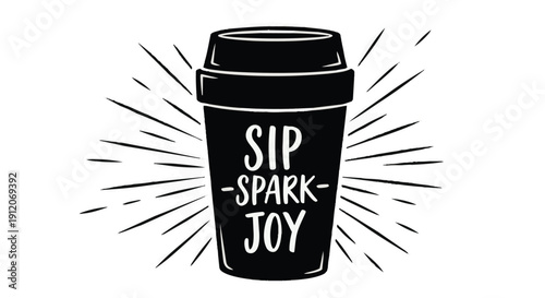 Black coffee cup with sip spark joy text