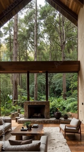 Rustic luxury cabin interior featuring an expansive glass window wall framing a dense redwood forest view