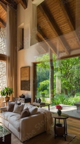 Rustic modern living room interior features vaulted wood ceiling stone accent wall and panoramic view of forest pond