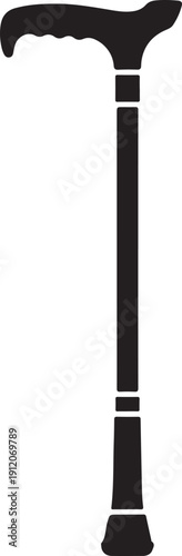 Black silhouette of a walking cane with curved handle white background d