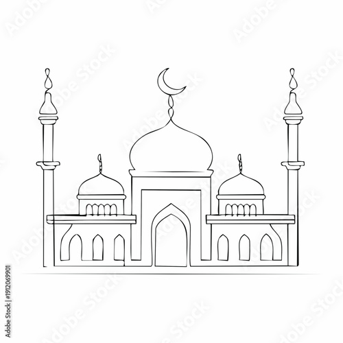 Simple line drawing of a mosque with minarets and domes.