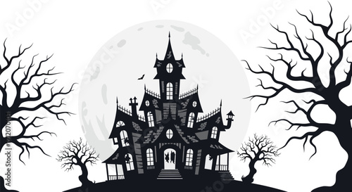 A spooky haunted house silhouette against a large full moon