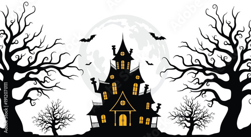 A spooky silhouette of a haunted house framed by barren trees and a full moon