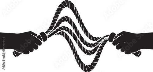 Black silhouette of hands pulling on thick twisted ropes tug of war desi