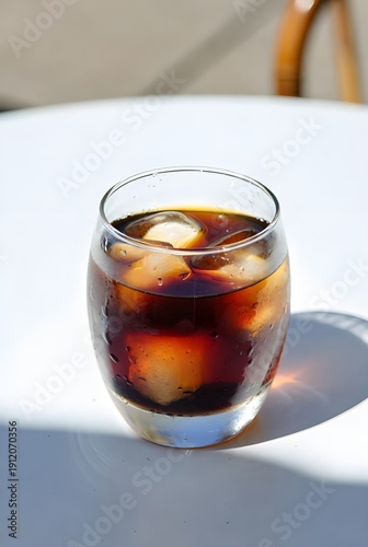 A cold glass of iced black coffee with condensation, sitting on a white table under bright natural sunlight.