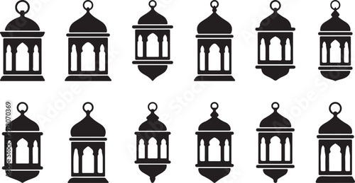 Ramadan Lantern Icon Set – Arabic Lamp, Islamic Decoration, Festive Light, Eid Mubarak, and Traditional Fanoos Silhouette