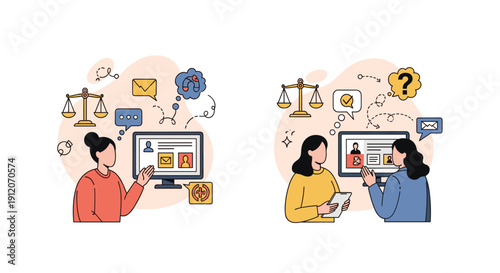 Diptych showing women seeking or providing online legal and ethical advice, with icons of justice scales and communication.